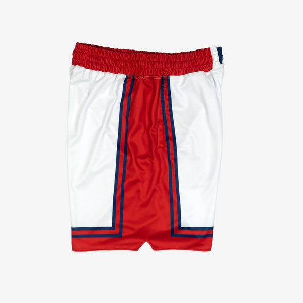 Red shorts with white stripes on the side